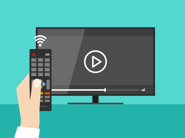 Hand holding draadloze afstandsbediening, scherm van tv kijken naar video film — Stockvector