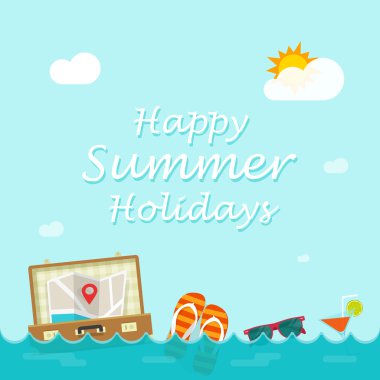 Mutlu yaz tatil vektör, deniz dalgaları üzerinde yüzen Gezgin şeyler