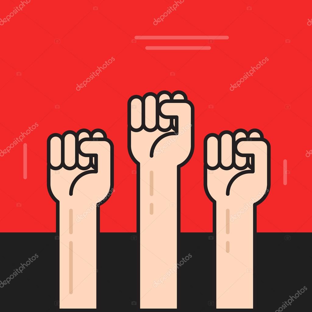Hands with fists raised up vector poster, symbol of protest, revolution, line outline style