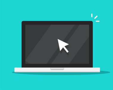 Bilgisayar dizüstü bilgisayar ekranı ikon vektör düz çizgi film illüstrasyonuna tıklayan imleç izole edildi