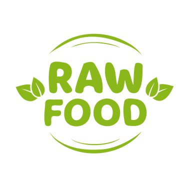 Ürün rozeti damgası için ham gıda etiketi ikonu vektörü yapraklarla izole edilmiş, çevre dostu vejetaryen yemeği etiketi organik yeşil logo, beyaz arka planda diyet foku tasarımı