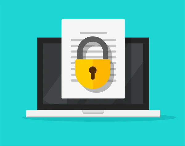 ( 영어 ) Security confidential document online access with private lock on laptop text file vector flat icon, digital web privacy Internet protection, electronic Safety doc data pirlock symbol — 스톡 벡터