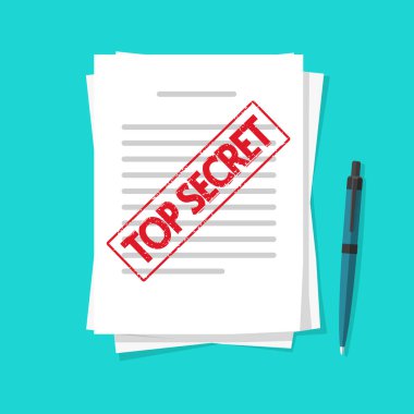 Gizli belge bilgileri veya metin dosyaları eski kauçuk damga vektör düz çizgi film illüstrasyonu, masa üzerinde kalem bulunan özel kısıtlı veri rapor sayfası fikri