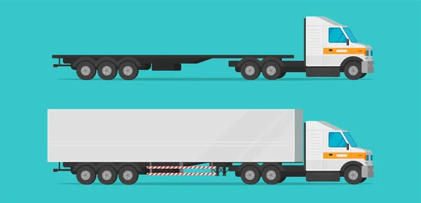 Ciężarówka towarowa wektor płaski kreskówka izolowane, przemysł duży długi samochód dostawczy transportu clipart, pusty i załadowany z kontenera ciężkiego pojazdu — Wektor stockowy