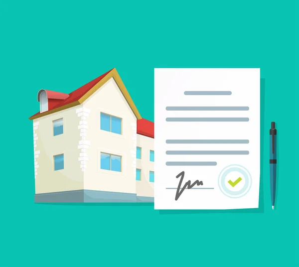 Vector van het vastgoedcontract of overeenkomst om hypotheek op nieuw appartementenconcept te lenen met goedgekeurd ondertekend document, huisverkoop- of koopidee — Stockvector