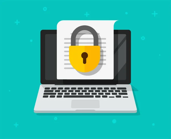 Πρόσβαση αρχείου ασφαλής σε εμπιστευτικό έγγραφο on-line στο φορητό υπολογιστή PC διάνυσμα επίπεδη εικονίδιο, ψηφιακή προστασία της ιδιωτικής ζωής web, ηλεκτρονικά δεδομένα ασφαλείας κλειδωμένο σύμβολο σύγχρονο σχεδιασμό εικονογράφηση — Διανυσματικό Αρχείο