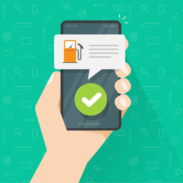 Üzemanyag benzin utántöltési folyamat kész mobiltelefon smartphone app vektor lapos stílusú illusztráció, koncepció a fizetés befejeződött tankolás benzinkút mobiltelefon alkalmazás modern design — Stock Vector