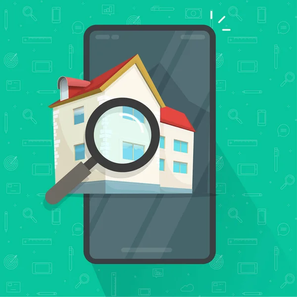 Onroerend goed mobiele telefoon zoeken, beoordelen huis voor kopen of huren smartphone app geïsoleerde vector, huis digitale beoordeling online, inspectie van architectuur, audit woning appartement gebouw — Stockvector