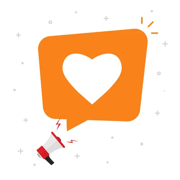 Noodzaak van liefde of sociale media houdt van van bubble spraakbericht vector platte cartoon concept, ballon met hartvorm pictogram, Valentijnsdag kennisgeving of luide aankondiging idee — Stockvector