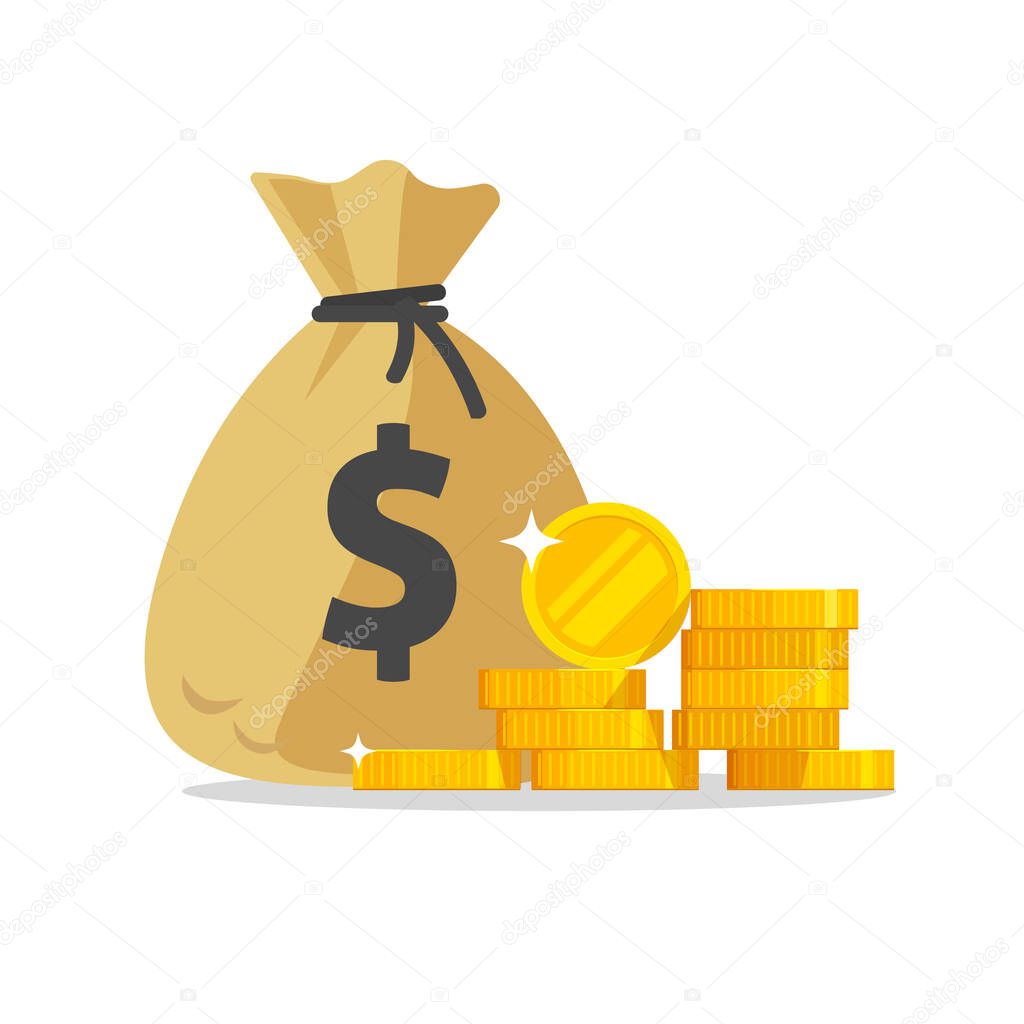 Money bag or cash sack near coins stack icon vector flat cartoon illustration isolated on white background, idea of earnings profit, savings, treasure modern design