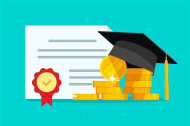 Eğitim bursu sertifikası, eğitim parası, diploma masrafları, öğrenim masrafları, öğrenim başarısı yatırımı, diploma ücreti vektörü düz çizgi film çizimi, burs tasarrufu, pahalı
