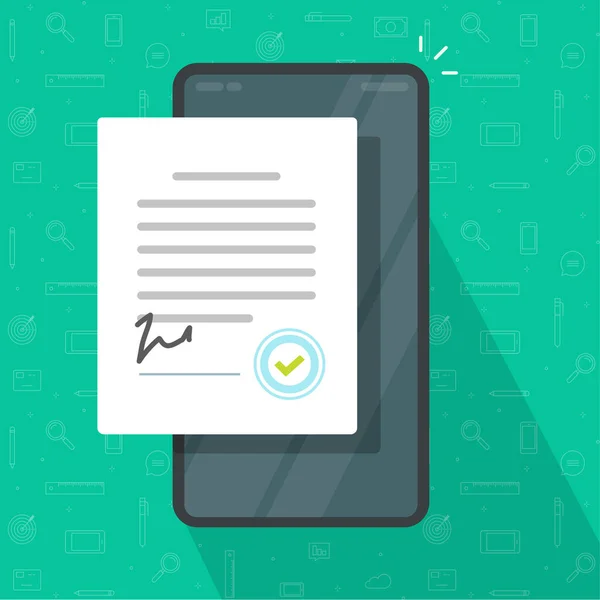 Acuerdo móvil o contrato firmado en la pantalla del teléfono celular inteligente con sello sello vector dibujo animado plano ilustración, concepto de teléfono celular teléfono móvil formulario de éxito asociación digital, documento de acuerdo — Vector de stock