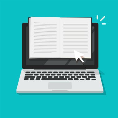 Dizüstü bilgisayar vektörü düz çizgi film illüstrasyonu, dijital kitap veya web içeriği içeriği oluşturma, blog yazma veya öğrenme kavramı üzerinde açık dizüstü bilgisayar veya not defteri okumak