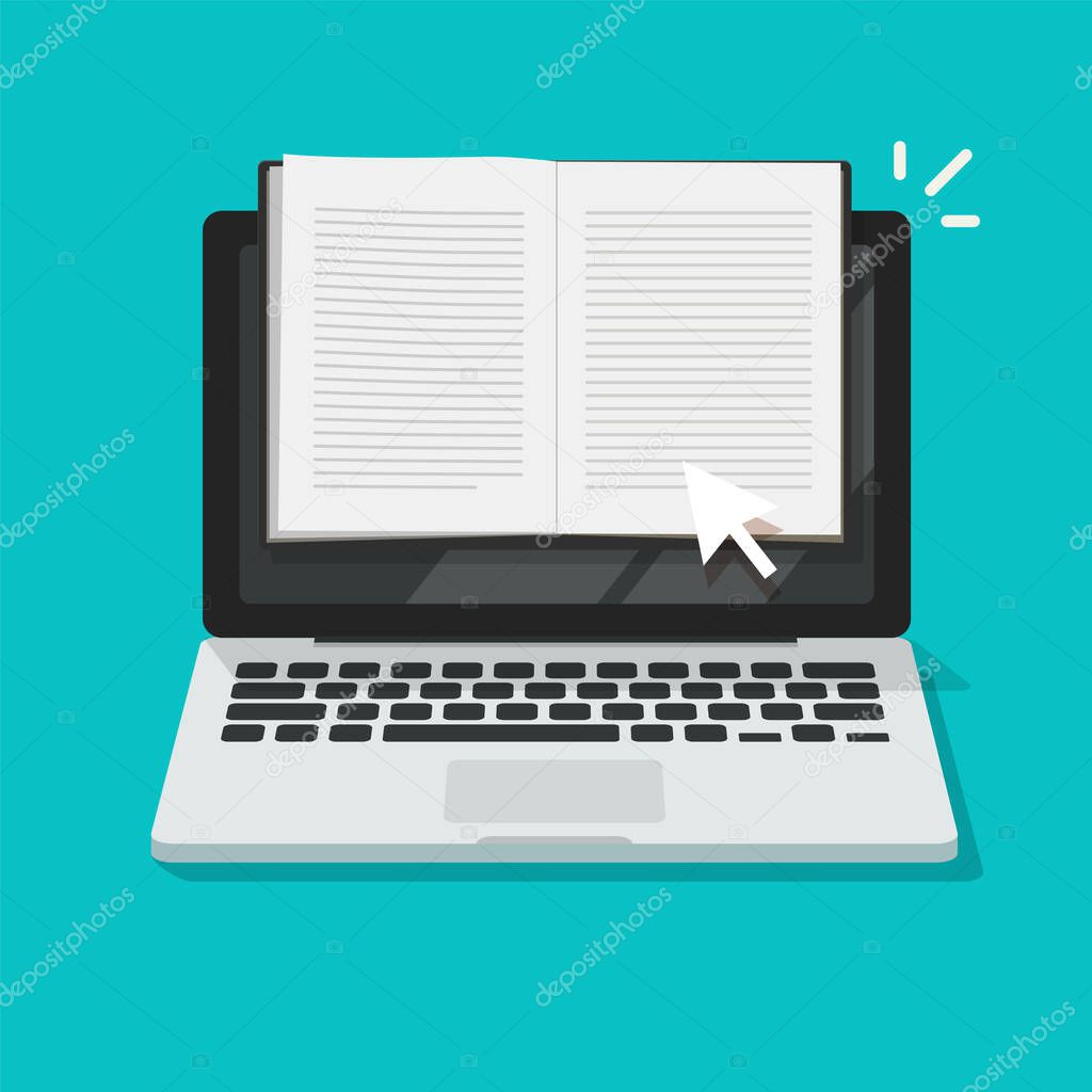 Reading open notebook or notepad online on laptop computer vector flat cartoon illustration, digital book or web text content article creation, idea of blogging or learning concept