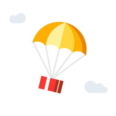 Parachute preset box flying from sky vector flat cartoon icon concept, gift pack send or postal package delivery service via air shipping isolated on white background