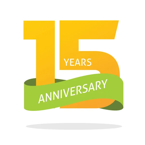 15 jaar jubileum viering vector logo icoon in geel oranje groene kleur, nummer 15e jaar verjaardag label tag teken geïsoleerd — Stockvector