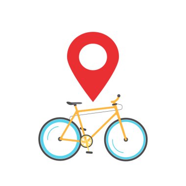 Bisiklet konumu navigasyon pin işaretleyici simge konum vektörü veya bisiklet yolculuğu haritası düz çizgi film illüstrasyonu beyaz üzerine izole