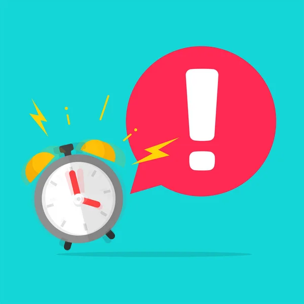 Urgency time to action important reminder caution exclamation message with alarm clock ringing with bubble speech vector flat cartoon, idea of wake up, expiration period attention alert icon — стоковый вектор