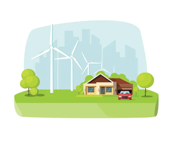 Obnovitelné ekologické větrné turbíny energie s inteligentní domácí technologií v blízkosti města příroda krajina vektor ploché kreslené ilustrace — Stockový vektor