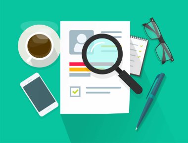 İşe alım ya da istihdam araştırma vektörü kavramı, sabit özgeçmiş raporu insan kaynakları, aday becerileri veri bilgileri, ofis çalışma masası masası, işe alım kişi belgesi analizi, kariyer derecesi