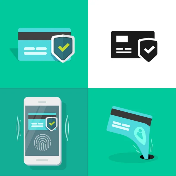 Онлайн цифровые деньги безопасности набор с помощью кредитной карты платежной защиты вектор плоские иконки мультфильма и пиктограммы, сотовый телефон безопасной оплаты отпечаток пальца или Touch ID технологии — стоковый вектор