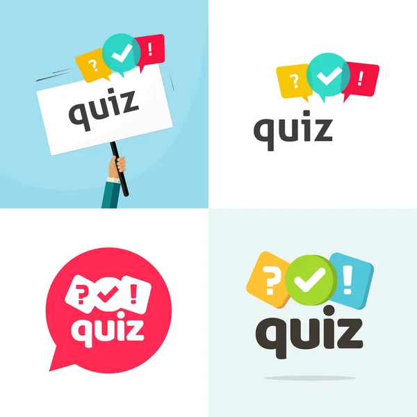 Teste quiz logotipo ícone vetor plana desenho animado ilustração, competição entrevista tempo ou interrogatório jogo logotipo conjunto, enquete ou questionário sinal criativo moderno —  Vetores de Stock