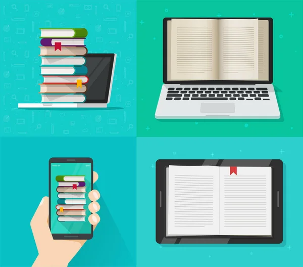 Livre électronique numérique concept de lecture en ligne sur ordinateur, téléphone portable et tablette lecteur écran vecteur plat illustration de dessin animé, personne tenant smartphone mobile avec pile d'ebooks — Image vectorielle