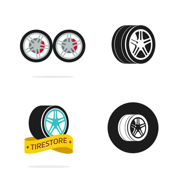 Vektorové logo obchodu s pneumatikami nebo ikony kola obchodu s pneumatikami ploché a černobílé emblémy vektor izolované kliparty — Stockový vektor