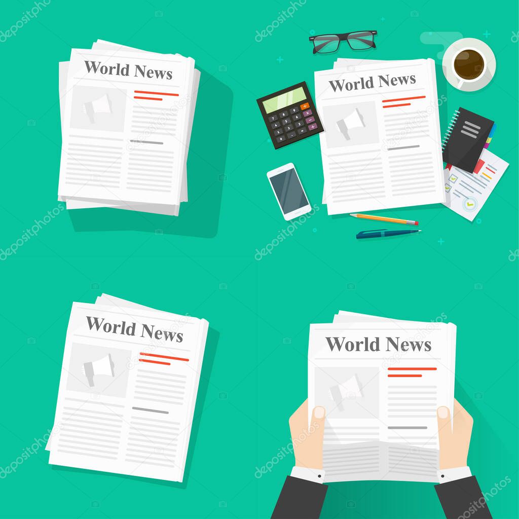 Newspaper magazine reading and holding person man, news paper press pile or heap isolated vector set flat cartoon illustration, the daily media on table desk top view clipart
