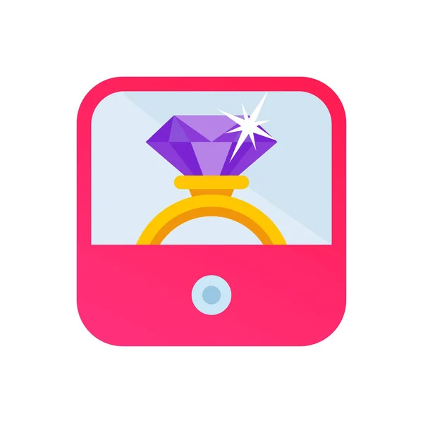Anillo de boda de oro de joyería de diamantes en caja rosa como icono de vector de aplicación ilustración de dibujos animados plana clipart — Archivo Imágenes Vectoriales