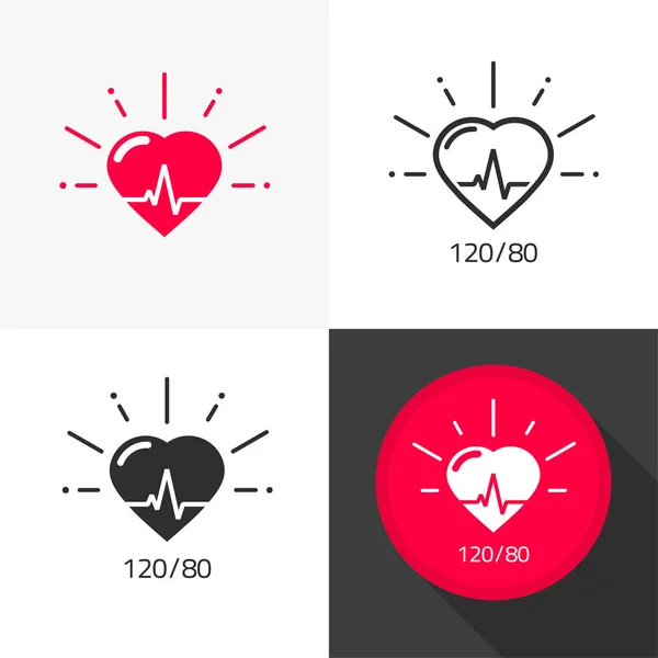 Herzgesundheit medizinischer Symbolvektor mit Herzschlagpuls und Blutdruckpiktogramm flacher Cartoon und Linienumriss Design, Elektrokardiogramm oder ecg Gesundheitsuntersuchungstest Symbol isolierte Cliparts — Stockvektor