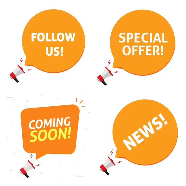 Special offer and coming soon, follow us and news announcement notification alerts vector set flat cartoon illustration isolated, megaphone with promotion messages advertisement balloons bubbles — Stock Vector