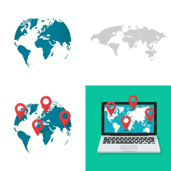 Gran mapa del mundo forma vector conjunto como globo tierra GPS ubicación punteros pin de navegación y geografía digital en línea en el ordenador portátil pantalla plana ilustración de dibujos animados aislados — Vector de stock