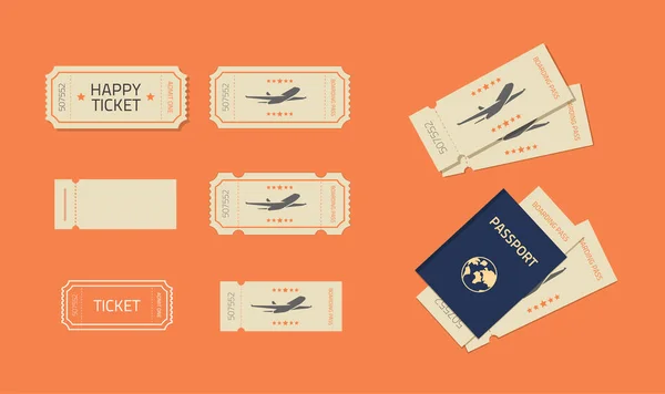 Ticket oder Coupons Vorlage Attrappe Vektor-Set für Flugzeugflug oder Kinovorstellung alten Vintage flachen Cartoon-Design und denken Linie Kunst umreißen Stil isoliert, Pass mit Bordkarte — Stockvektor