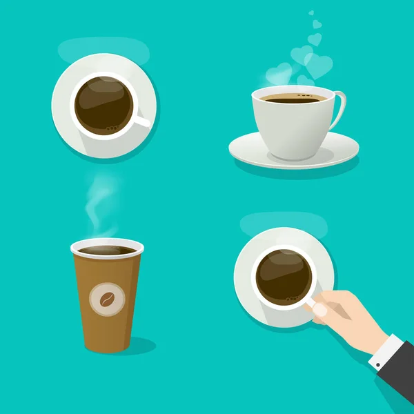 Taza de café o taza de bebida caliente vector dibujos animados planos y 3d lado estilo ilustración clipart aislado, persona hombre mano celebración té bebida conjunto idea — Archivo Imágenes Vectoriales