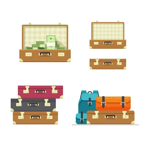 Maleta vieja viaje abierto vector aislado conjunto de ilustración de estilo de dibujos animados planos, cuero retro color marrón maletín cerrado o colección de maletas como idea de equipaje o equipaje — Vector de stock