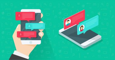 Çevrimiçi sohbet mesajları cep telefonundaki mesajlar veya dijital elektronik balon konuşmaları olan insan eliyle ilgili SMS bildirimleri ekrandaki uyarılara basar, cep telefonu akıllı telefon vektöründe sohbet eder