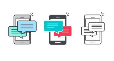 Cep telefonu uyarısı ya da bildirim satırı ana hatları ve düz çizgi film çizimi, cep telefonu akıllı telefon sms baloncukları üzerine sohbet mesajının simgesi