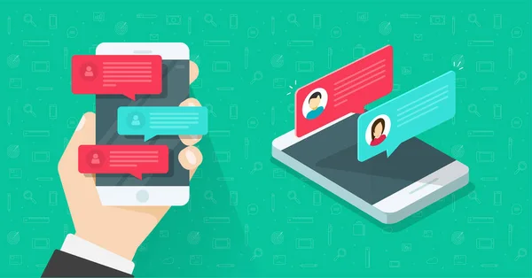 Mensajes de chat en línea notificaciones de texto en el teléfono celular móvil o sms avisos en persona mano hombre con discursos de burbuja electrónica digital empujar alertas en la pantalla, charlando en el teléfono celular smartphone vector — Archivo Imágenes Vectoriales