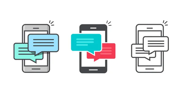 Icono de mensaje de chat en el aviso del teléfono celular móvil o notificación establecer la línea de contorno de arte y la ilustración plana estilo de dibujos animados, teléfono celular sms burbujas hablar alertas push entrantes — Archivo Imágenes Vectoriales
