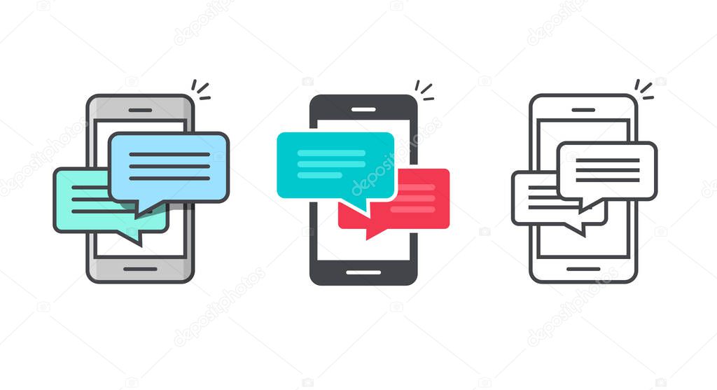 Icon of chatting message on mobile cell phone notice or notification set line outline art and flat cartoon style illustration, cellphone smartphone sms bubbles talk incoming push alerts