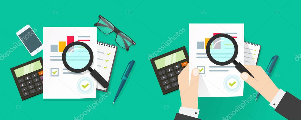 Auditor person man research or analyse sales report with review inspection sales chart graphs statistics form flat lay work place table desk vector cartoon, accountant tax assessment concept