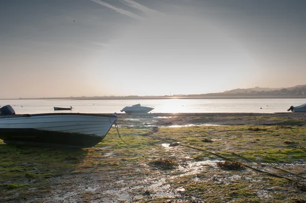 Barco de pesca al amanecer con marea baja en el estuario — Foto de Stock