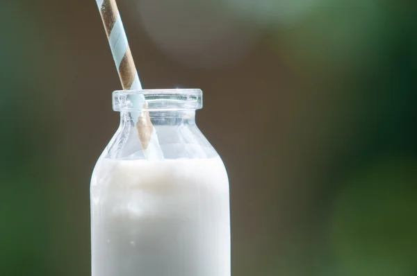 Botella de leche sobre un fondo coloreado — Foto de Stock