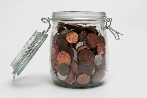 Munten Een Glazen Pot Voor Besparingen Concept — Stockfoto