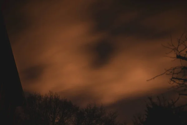 Wolken Ziehen Schnell Über Einen Dramatischen Nachthimmel Hinter Bäumen — Stockfoto