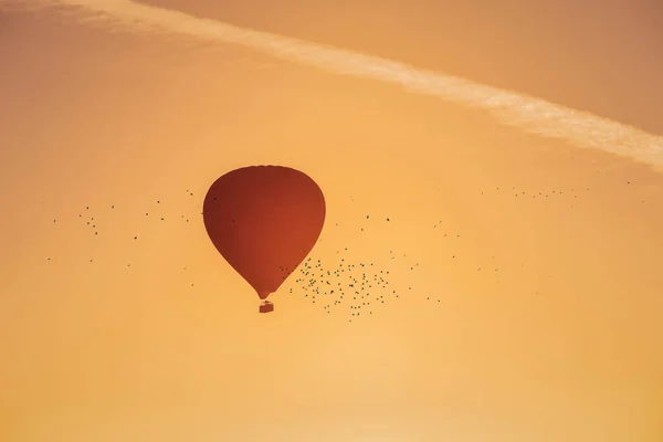 Sıcak Hava Balonu Insanlar Sepetin Içinde Kuşlar Gökyüzünde Uçarken — Stok fotoğraf