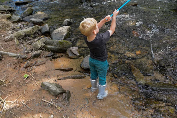 Menino Pescando Riacho Com Uma Rede Campo — Fotografia de Stock