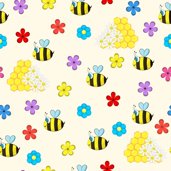 Απρόσκοπτη υπόβαθρο με καρτούν μέλισσες, λουλούδια και μέλι. — Διανυσματικό Αρχείο