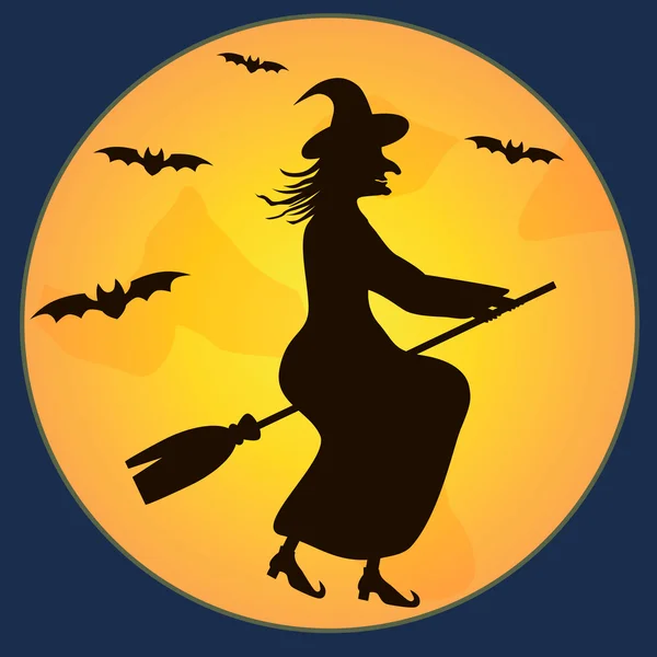 Halloween heks vliegen op bezem — Stockvector